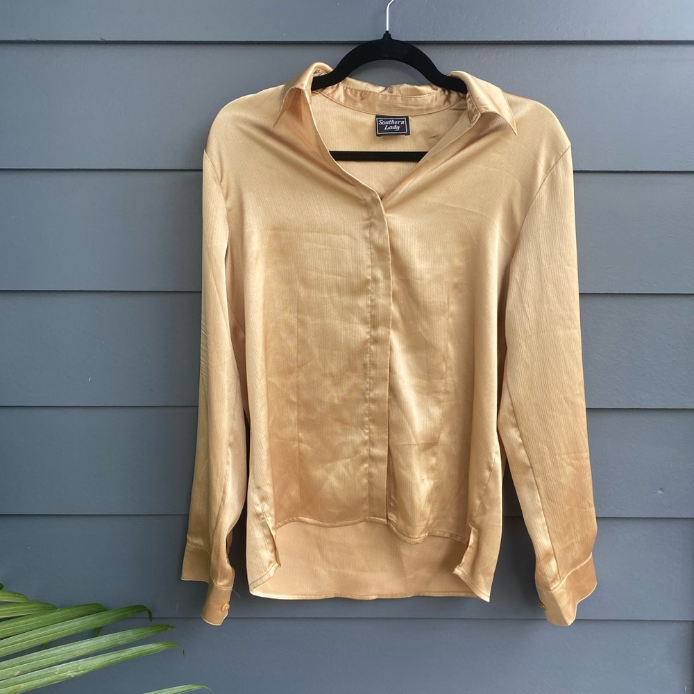 Southern Lady~ Satin Gold Button Up Blouse